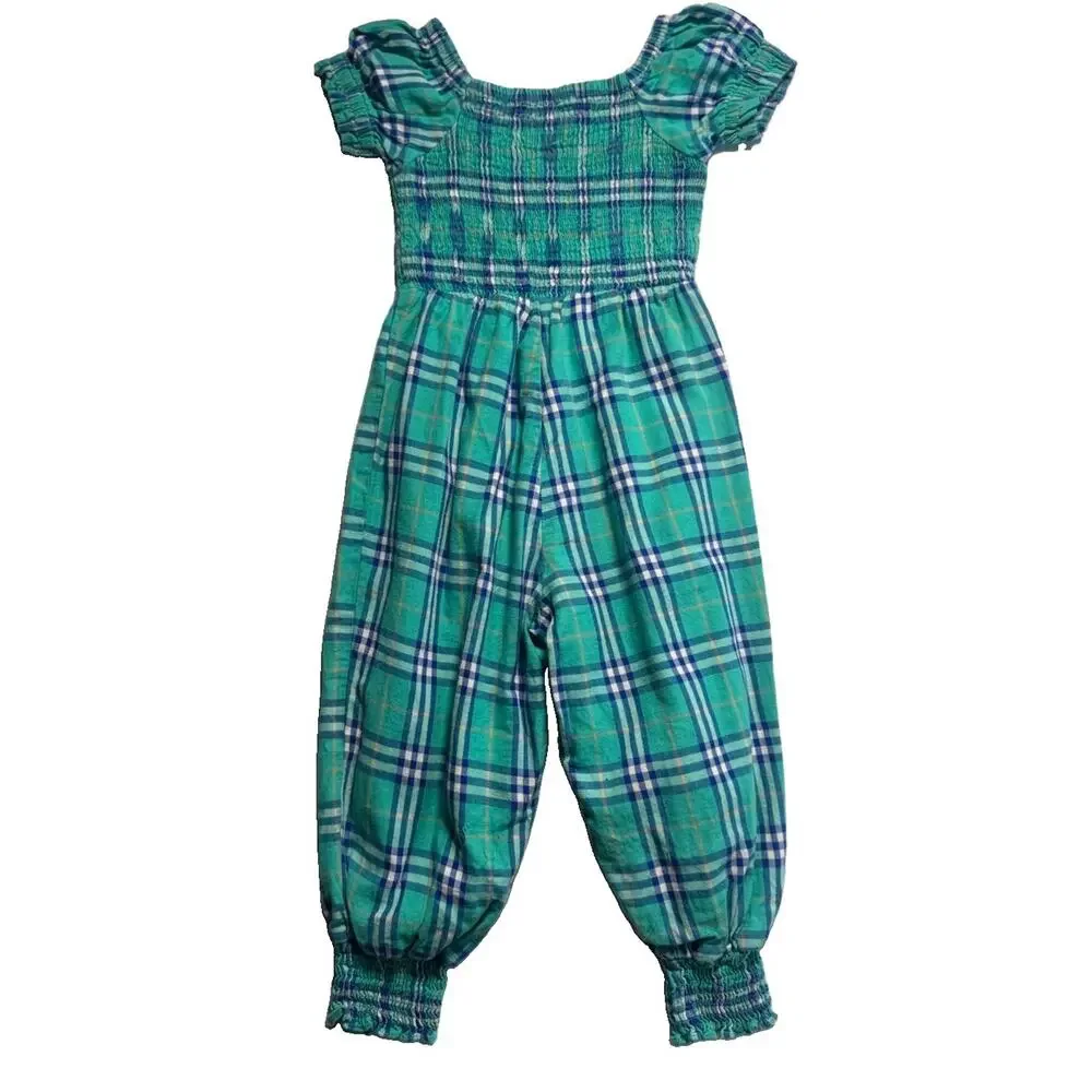 SweetHoney Plaid Smocked Girls Jumpsuit Romper 3T Green Blue 100% Cotton